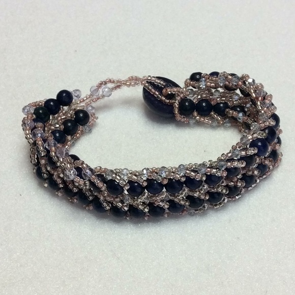 FINAL SALE PRICE Designer Black, Pink & Clear Hand Beaded Bracelet - Picture 1 of 3